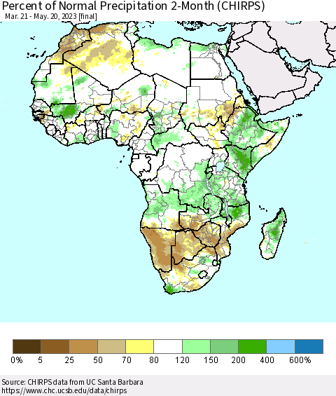 Africa Percent of Normal Precipitation 2-Month (CHIRPS) Thematic Map For 3/21/2023 - 5/20/2023