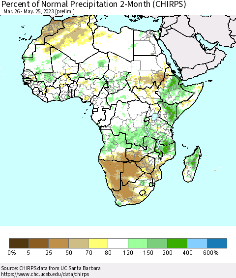 Africa Percent of Normal Precipitation 2-Month (CHIRPS) Thematic Map For 3/26/2023 - 5/25/2023