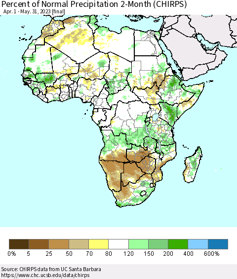 Africa Percent of Normal Precipitation 2-Month (CHIRPS) Thematic Map For 4/1/2023 - 5/31/2023
