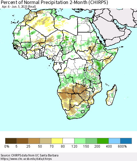 Africa Percent of Normal Precipitation 2-Month (CHIRPS) Thematic Map For 4/6/2023 - 6/5/2023