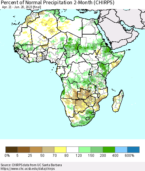 Africa Percent of Normal Precipitation 2-Month (CHIRPS) Thematic Map For 4/21/2023 - 6/20/2023