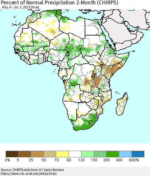 Africa Percent of Normal Precipitation 2-Month (CHIRPS) Thematic Map For 5/6/2023 - 7/5/2023