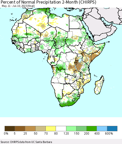 Africa Percent of Normal Precipitation 2-Month (CHIRPS) Thematic Map For 5/11/2023 - 7/10/2023
