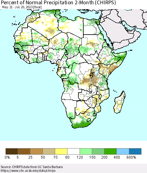 Africa Percent of Normal Precipitation 2-Month (CHIRPS) Thematic Map For 5/21/2023 - 7/20/2023