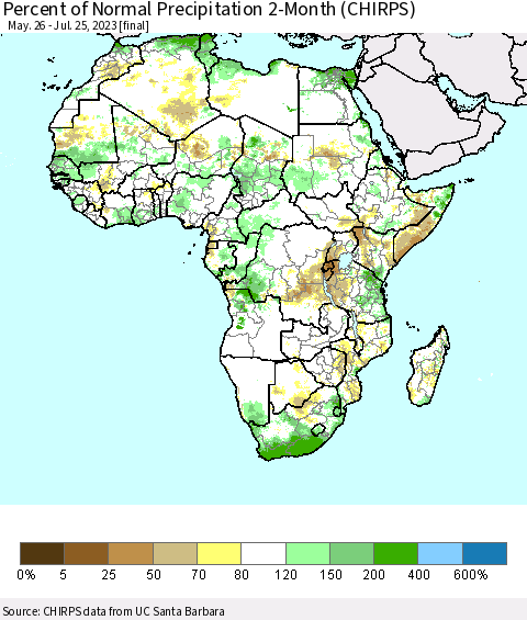 Africa Percent of Normal Precipitation 2-Month (CHIRPS) Thematic Map For 5/26/2023 - 7/25/2023