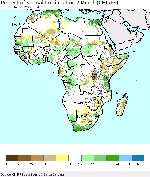 Africa Percent of Normal Precipitation 2-Month (CHIRPS) Thematic Map For 6/1/2023 - 7/31/2023