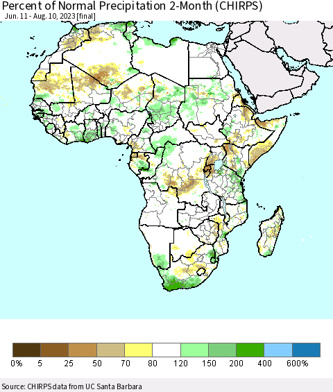 Africa Percent of Normal Precipitation 2-Month (CHIRPS) Thematic Map For 6/11/2023 - 8/10/2023