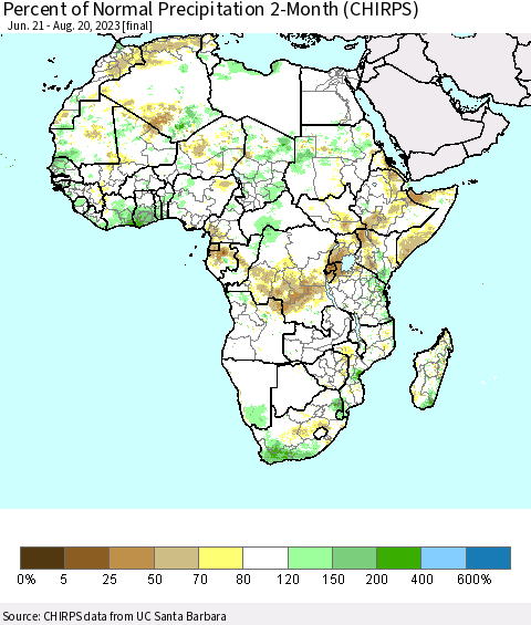 Africa Percent of Normal Precipitation 2-Month (CHIRPS) Thematic Map For 6/21/2023 - 8/20/2023