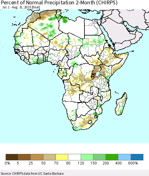 Africa Percent of Normal Precipitation 2-Month (CHIRPS) Thematic Map For 7/1/2023 - 8/31/2023
