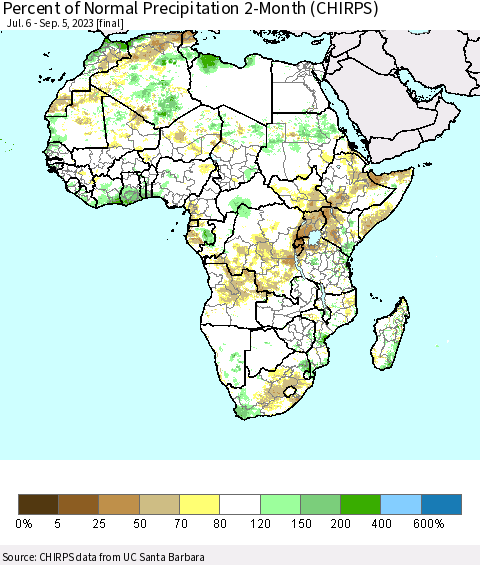 Africa Percent of Normal Precipitation 2-Month (CHIRPS) Thematic Map For 7/6/2023 - 9/5/2023