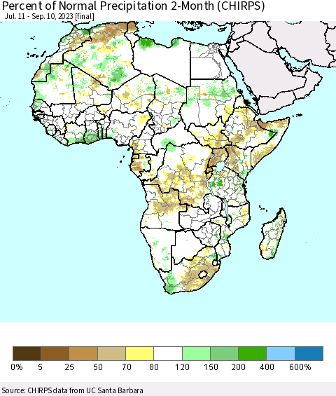 Africa Percent of Normal Precipitation 2-Month (CHIRPS) Thematic Map For 7/11/2023 - 9/10/2023