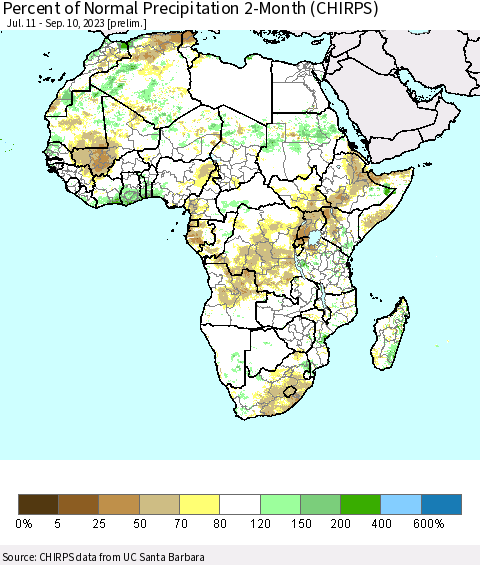 Africa Percent of Normal Precipitation 2-Month (CHIRPS) Thematic Map For 7/11/2023 - 9/10/2023