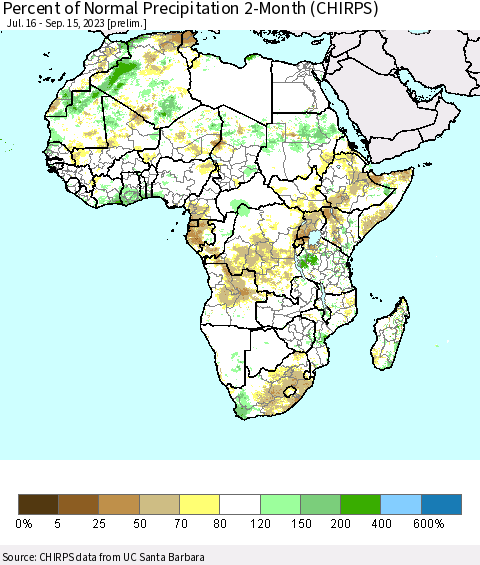 Africa Percent of Normal Precipitation 2-Month (CHIRPS) Thematic Map For 7/16/2023 - 9/15/2023