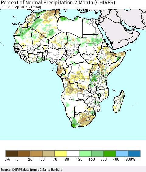Africa Percent of Normal Precipitation 2-Month (CHIRPS) Thematic Map For 7/21/2023 - 9/20/2023