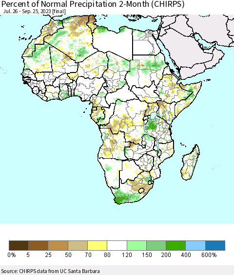 Africa Percent of Normal Precipitation 2-Month (CHIRPS) Thematic Map For 7/26/2023 - 9/25/2023