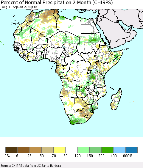Africa Percent of Normal Precipitation 2-Month (CHIRPS) Thematic Map For 8/1/2023 - 9/30/2023