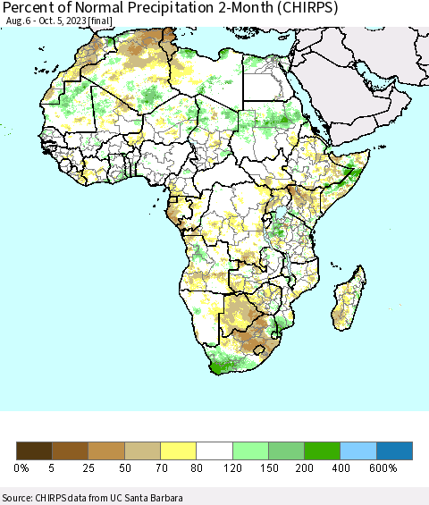 Africa Percent of Normal Precipitation 2-Month (CHIRPS) Thematic Map For 8/6/2023 - 10/5/2023