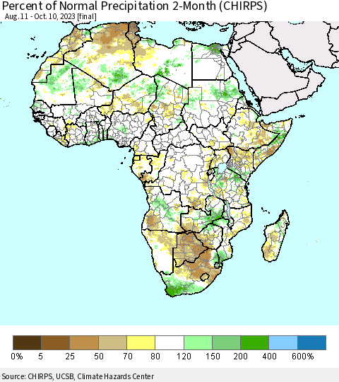 Africa Percent of Normal Precipitation 2-Month (CHIRPS) Thematic Map For 8/11/2023 - 10/10/2023