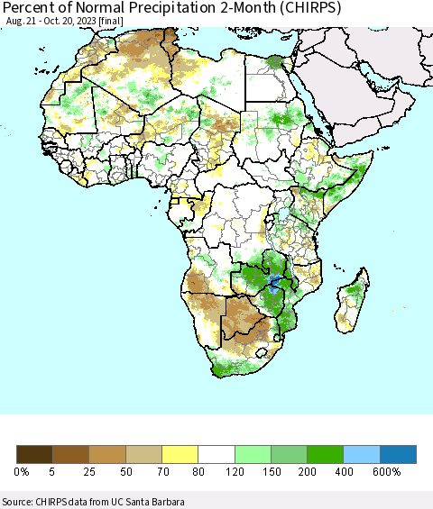 Africa Percent of Normal Precipitation 2-Month (CHIRPS) Thematic Map For 8/21/2023 - 10/20/2023