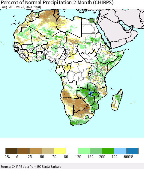 Africa Percent of Normal Precipitation 2-Month (CHIRPS) Thematic Map For 8/26/2023 - 10/25/2023