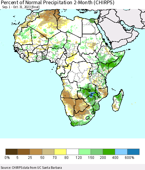 Africa Percent of Normal Precipitation 2-Month (CHIRPS) Thematic Map For 9/1/2023 - 10/31/2023