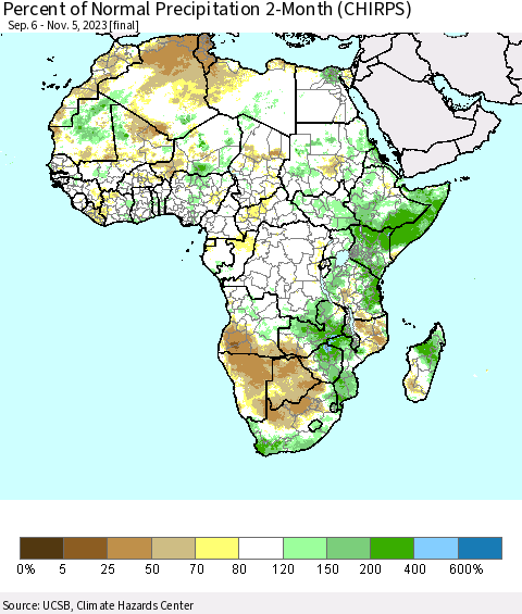 Africa Percent of Normal Precipitation 2-Month (CHIRPS) Thematic Map For 9/6/2023 - 11/5/2023
