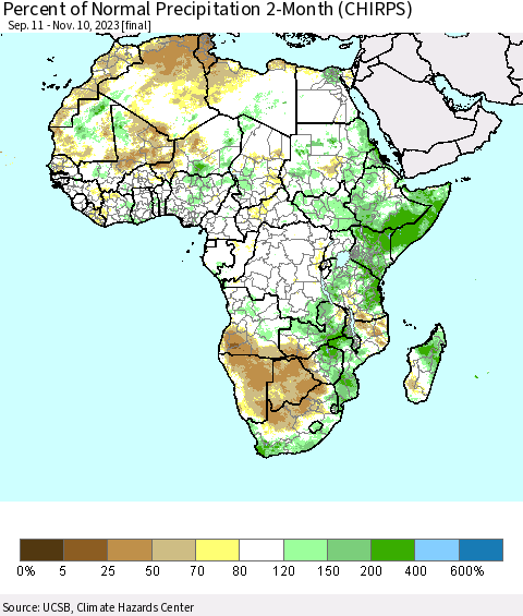Africa Percent of Normal Precipitation 2-Month (CHIRPS) Thematic Map For 9/11/2023 - 11/10/2023