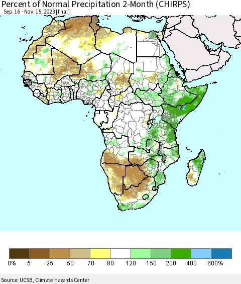 Africa Percent of Normal Precipitation 2-Month (CHIRPS) Thematic Map For 9/16/2023 - 11/15/2023