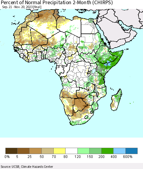 Africa Percent of Normal Precipitation 2-Month (CHIRPS) Thematic Map For 9/21/2023 - 11/20/2023