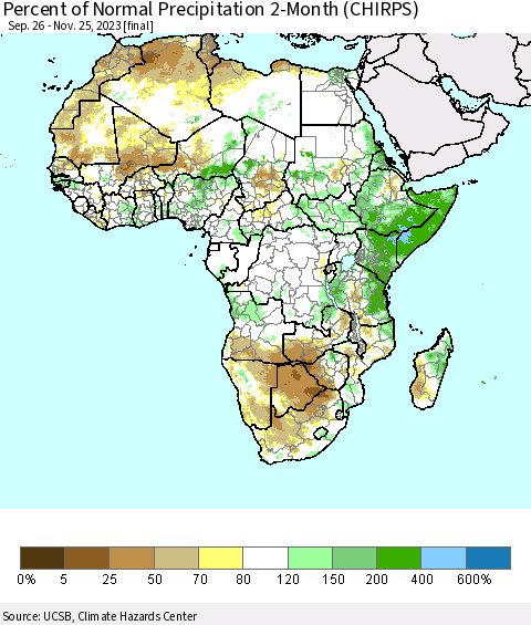 Africa Percent of Normal Precipitation 2-Month (CHIRPS) Thematic Map For 9/26/2023 - 11/25/2023