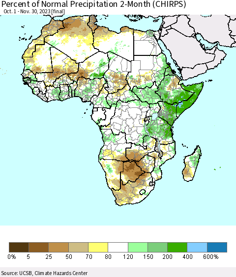 Africa Percent of Normal Precipitation 2-Month (CHIRPS) Thematic Map For 10/1/2023 - 11/30/2023