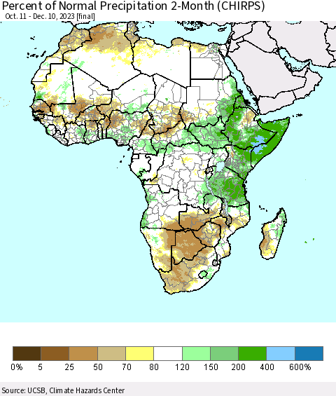 Africa Percent of Normal Precipitation 2-Month (CHIRPS) Thematic Map For 10/11/2023 - 12/10/2023