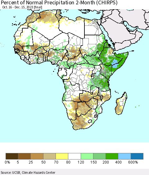 Africa Percent of Normal Precipitation 2-Month (CHIRPS) Thematic Map For 10/16/2023 - 12/15/2023