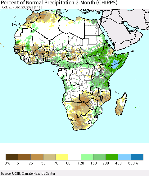 Africa Percent of Normal Precipitation 2-Month (CHIRPS) Thematic Map For 10/21/2023 - 12/20/2023