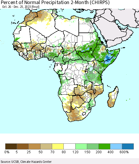 Africa Percent of Normal Precipitation 2-Month (CHIRPS) Thematic Map For 10/26/2023 - 12/25/2023