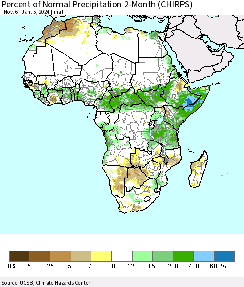 Africa Percent of Normal Precipitation 2-Month (CHIRPS) Thematic Map For 11/6/2023 - 1/5/2024