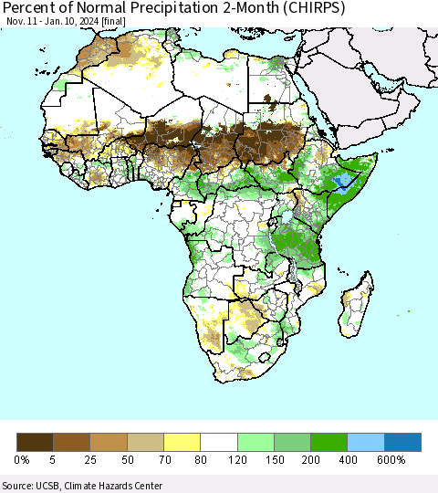 Africa Percent of Normal Precipitation 2-Month (CHIRPS) Thematic Map For 11/11/2023 - 1/10/2024