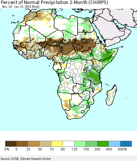 Africa Percent of Normal Precipitation 2-Month (CHIRPS) Thematic Map For 11/16/2023 - 1/15/2024