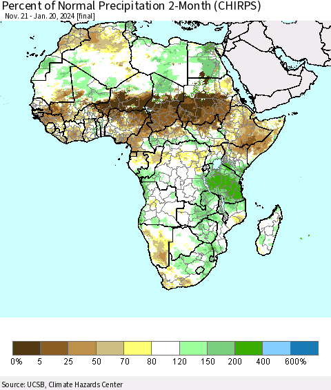 Africa Percent of Normal Precipitation 2-Month (CHIRPS) Thematic Map For 11/21/2023 - 1/20/2024