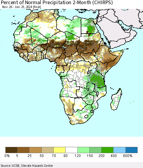 Africa Percent of Normal Precipitation 2-Month (CHIRPS) Thematic Map For 11/26/2023 - 1/25/2024