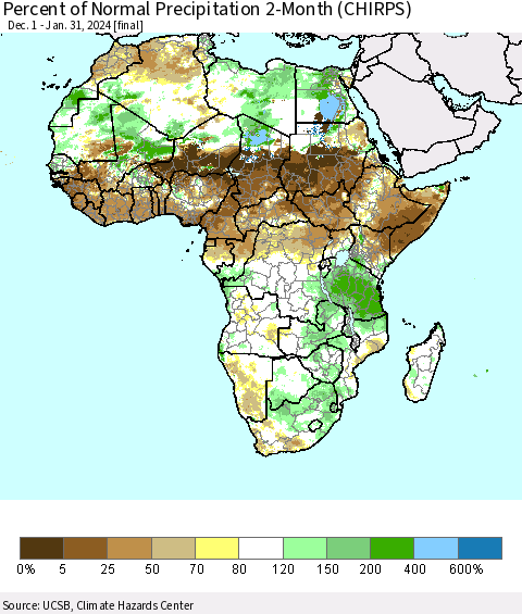 Africa Percent of Normal Precipitation 2-Month (CHIRPS) Thematic Map For 12/1/2023 - 1/31/2024