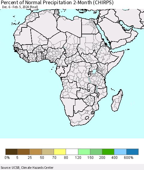 Africa Percent of Normal Precipitation 2-Month (CHIRPS) Thematic Map For 12/6/2023 - 2/5/2024