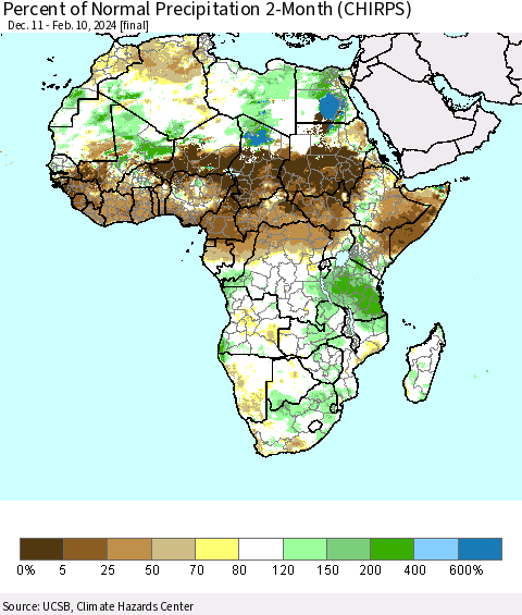 Africa Percent of Normal Precipitation 2-Month (CHIRPS) Thematic Map For 12/11/2023 - 2/10/2024