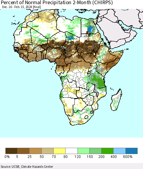 Africa Percent of Normal Precipitation 2-Month (CHIRPS) Thematic Map For 12/16/2023 - 2/15/2024