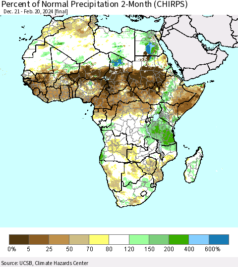 Africa Percent of Normal Precipitation 2-Month (CHIRPS) Thematic Map For 12/21/2023 - 2/20/2024