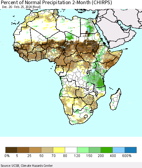 Africa Percent of Normal Precipitation 2-Month (CHIRPS) Thematic Map For 12/26/2023 - 2/25/2024