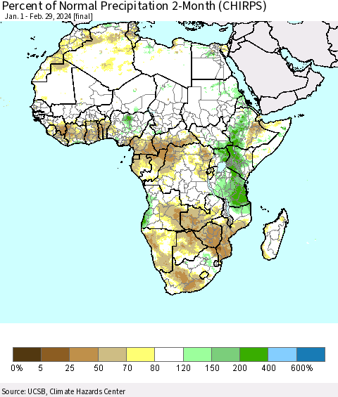 Africa Percent of Normal Precipitation 2-Month (CHIRPS) Thematic Map For 1/1/2024 - 2/29/2024