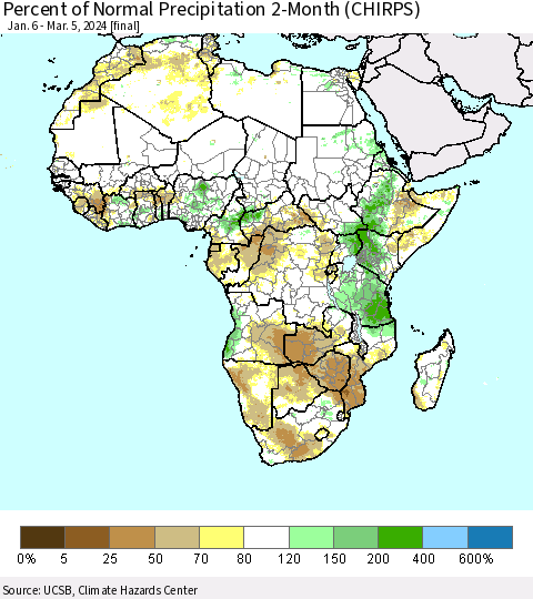 Africa Percent of Normal Precipitation 2-Month (CHIRPS) Thematic Map For 1/6/2024 - 3/5/2024