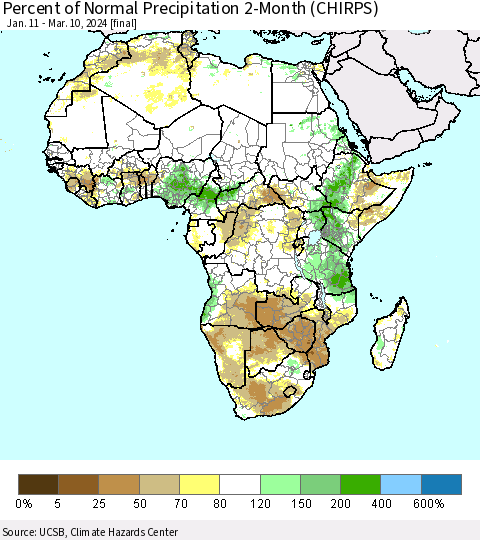 Africa Percent of Normal Precipitation 2-Month (CHIRPS) Thematic Map For 1/11/2024 - 3/10/2024