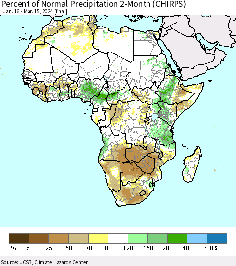 Africa Percent of Normal Precipitation 2-Month (CHIRPS) Thematic Map For 1/16/2024 - 3/15/2024